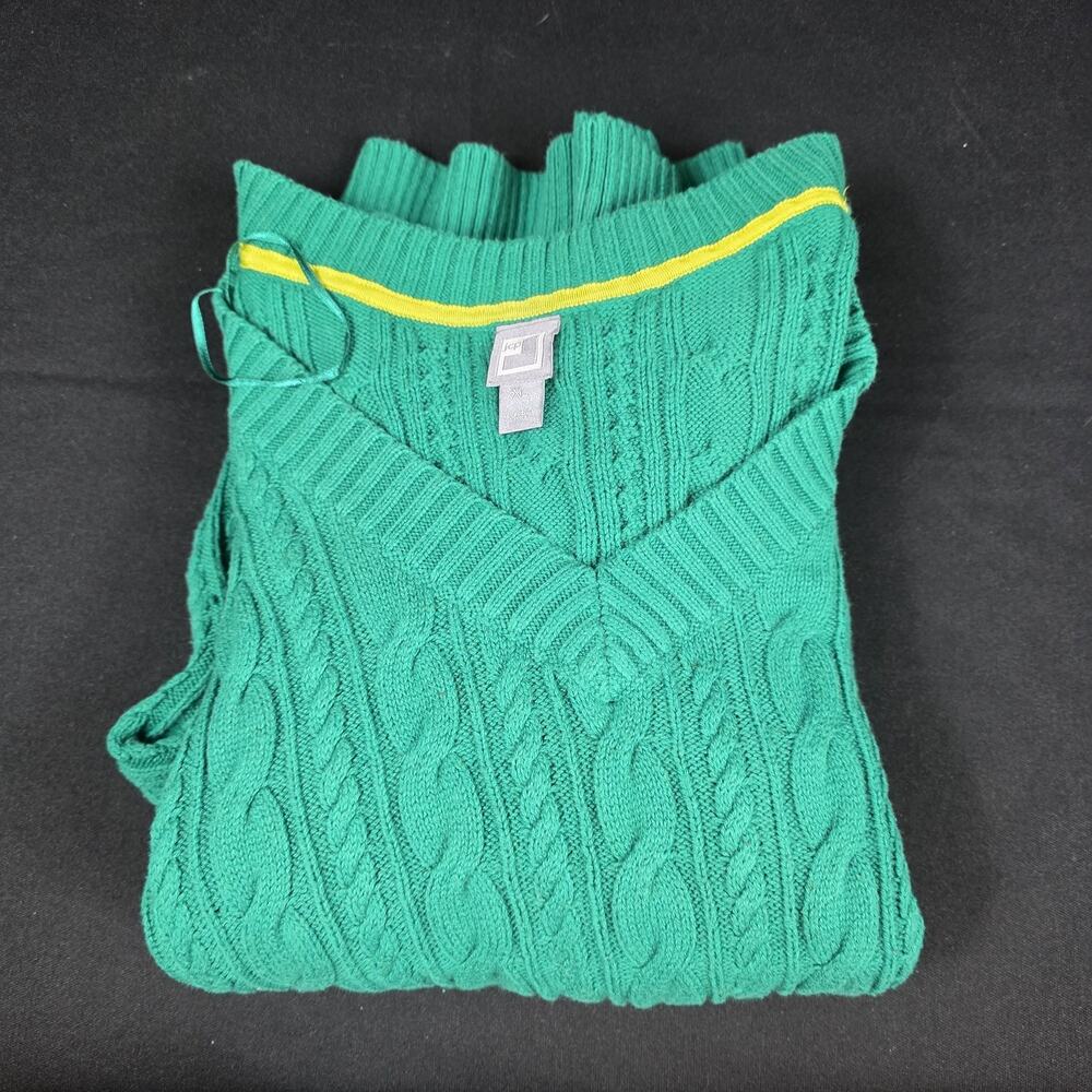 JCP Women's Green Cable Knit V-Neck Sweater Size XL Long Sleeve Cotton Blend